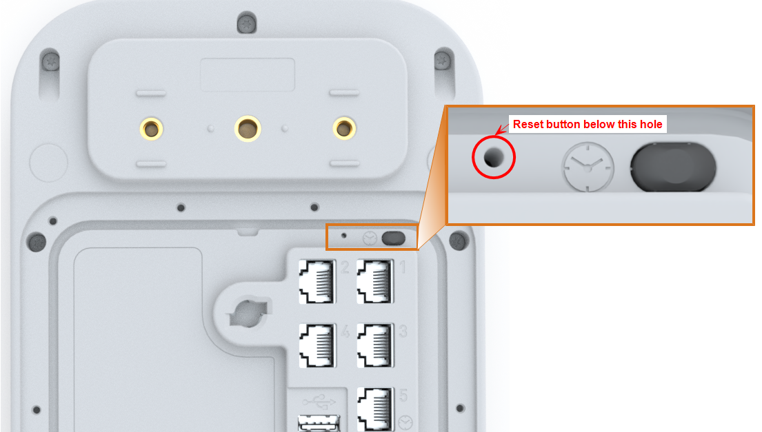 drawing of the back of a Ubiense sensor with the hole over the reset button highlighted