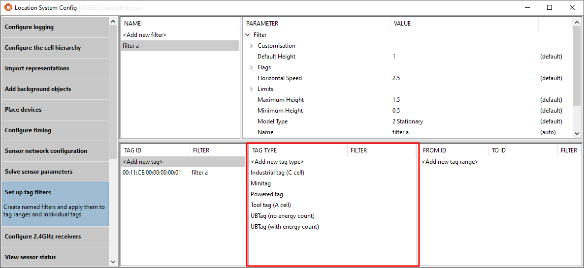 Location System Config "Set up tag filters" with Tag Types highlighted