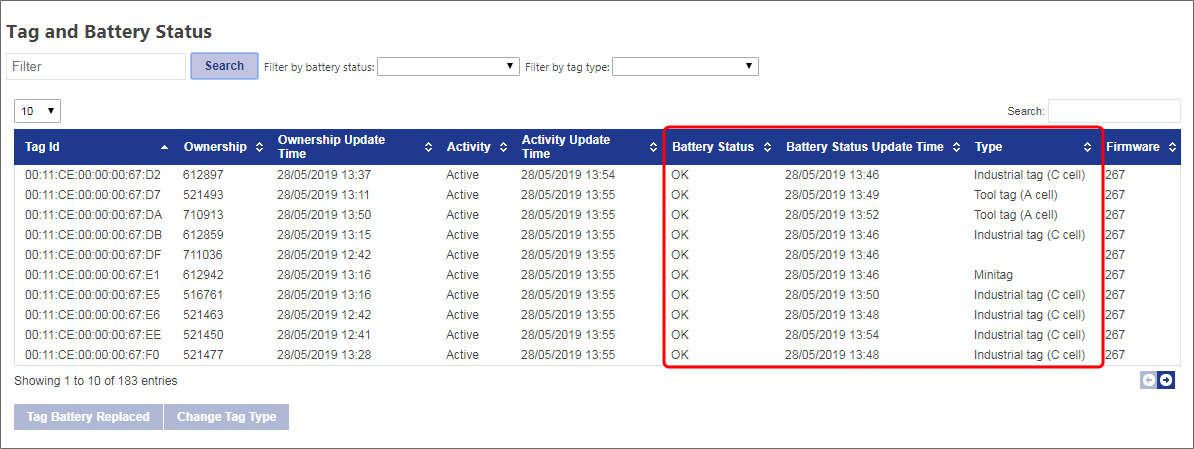 screenshot of Tag and Battery Status screen in SmartSpace Web
