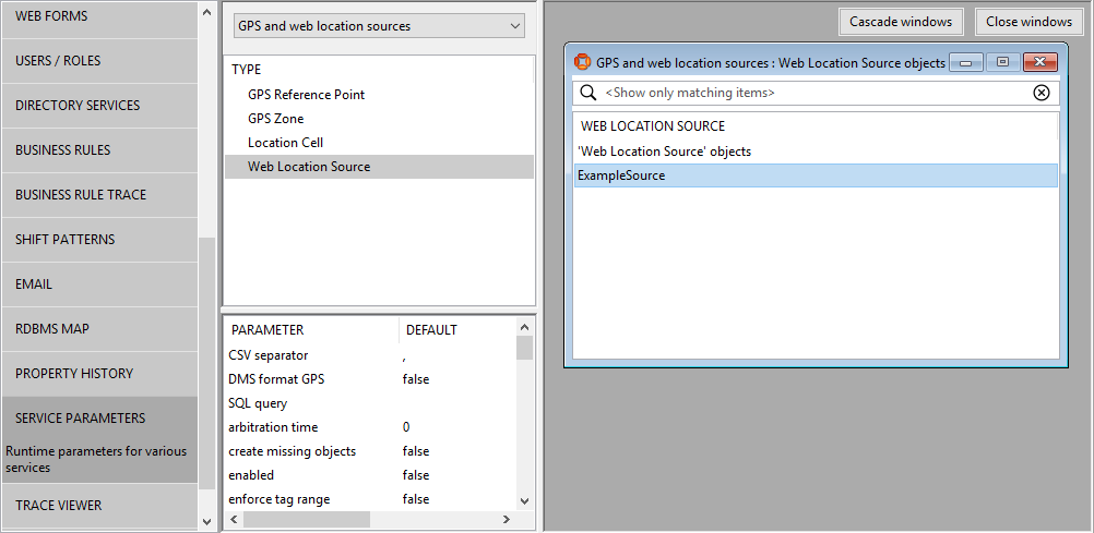 screenshot of chossing Web Location Source parameters for editing