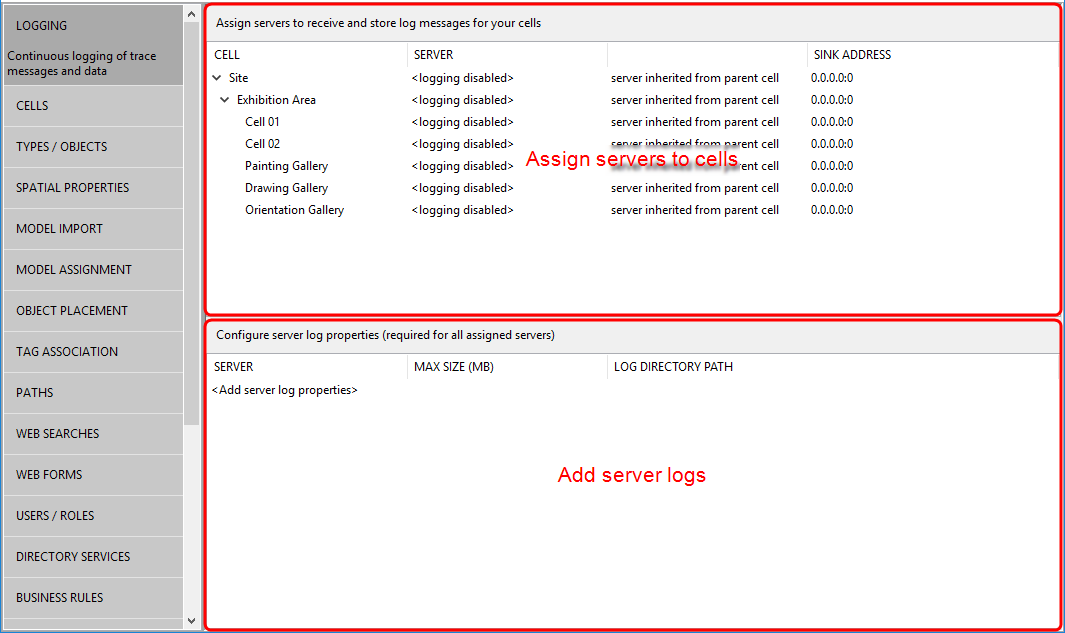 Screen capture showing Logging Workspace in SmartSpace Config