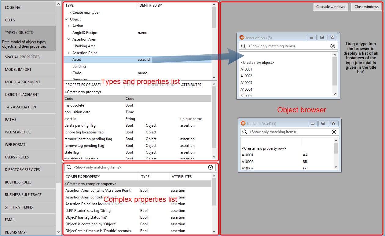 screen shot of the Types and objects workspace