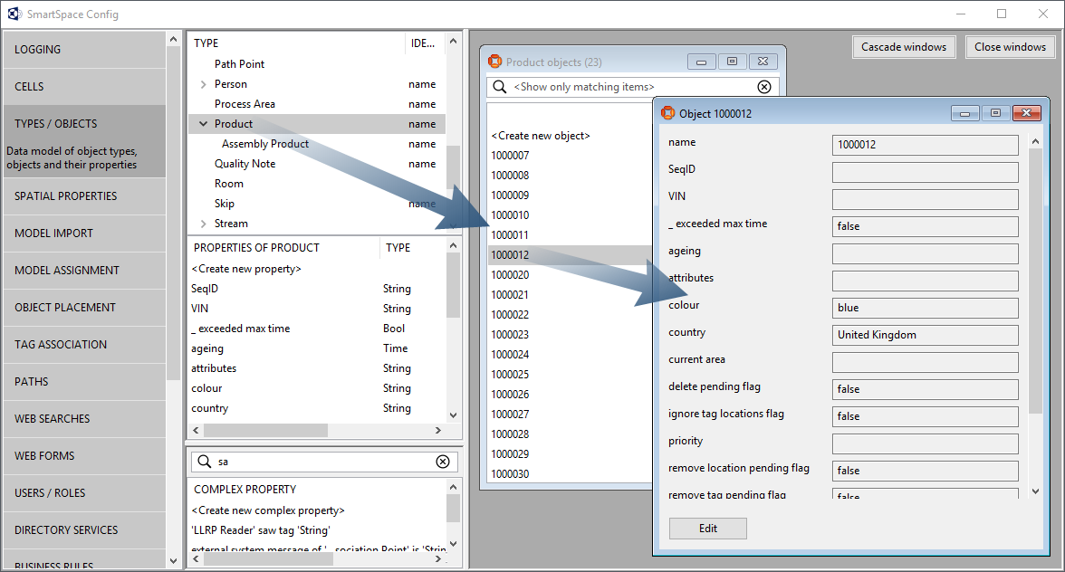 screen shot showing how to display a list of object instances, and the properties of one of them