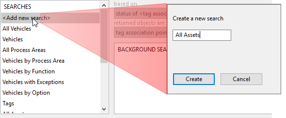 screen capture showing <Add new search> option and the Create a new search dialog
