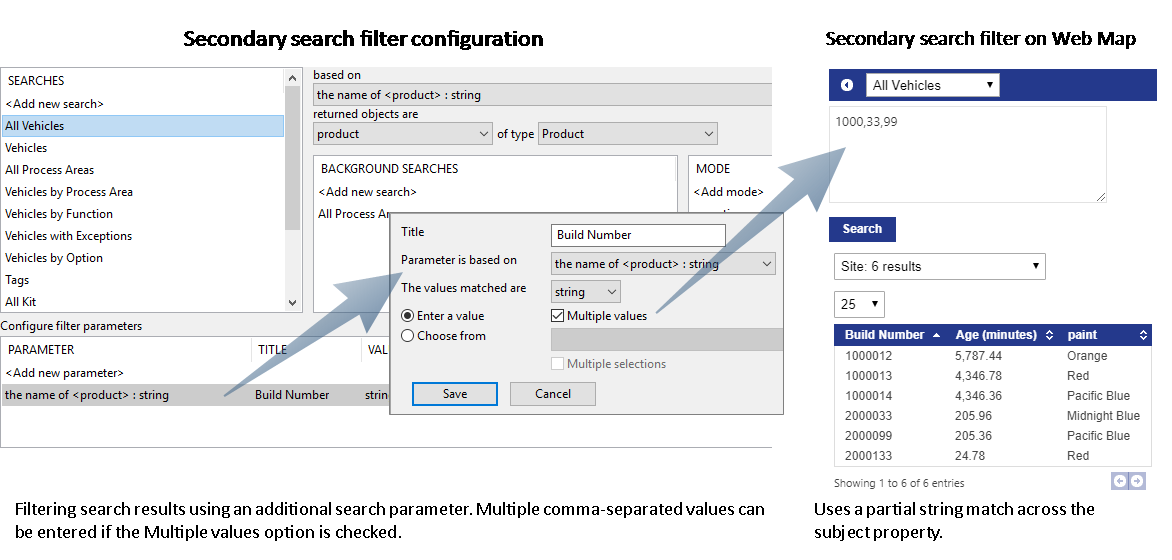 screen capture showing a secondary fitler, its configuration dialog, and the filter on the Web Map