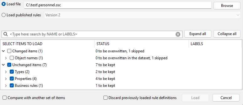 screen shot of load definitions dialog