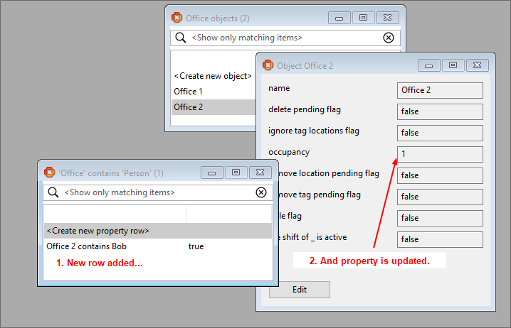 screenshot of a row being added and a counter being incremented by 1