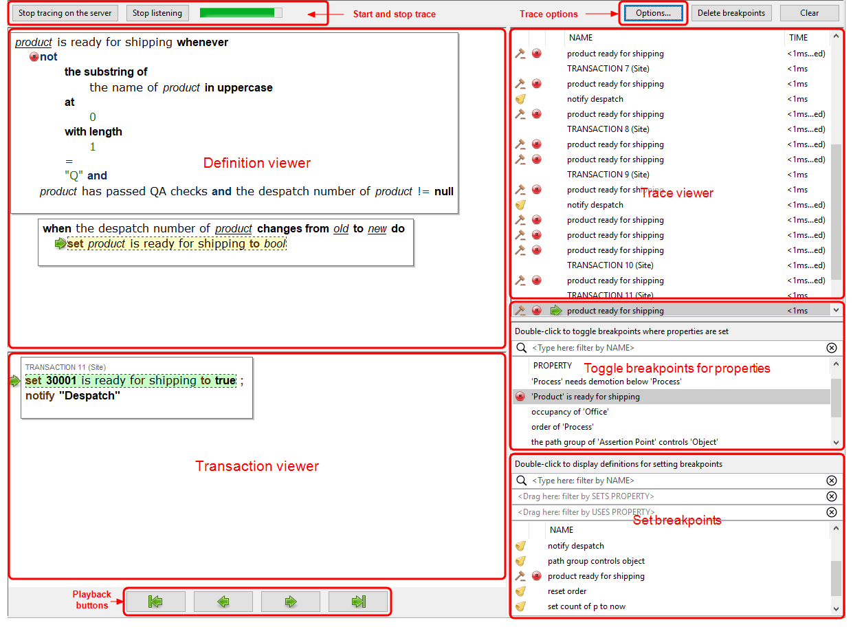 screen shot showing the business rules trace with a definition displayed and a list of transactions in the trace viewer