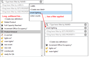 screen shot showing the list of defiinitions before and after a filter was applied