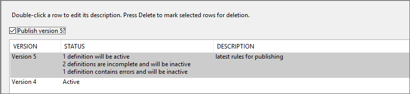 screen shot showing definitons selected for publication