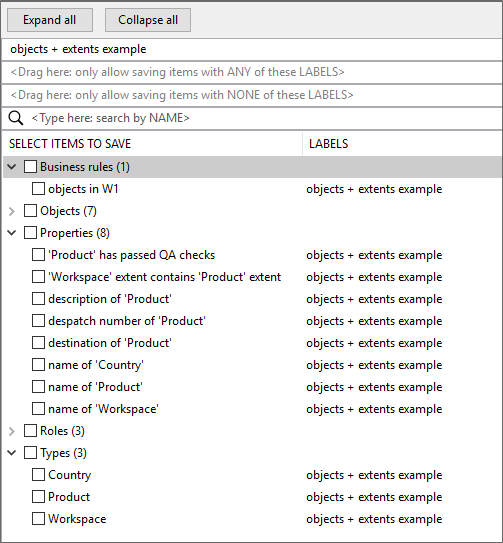 screen shot showing list of itens for saving, but no space properties
