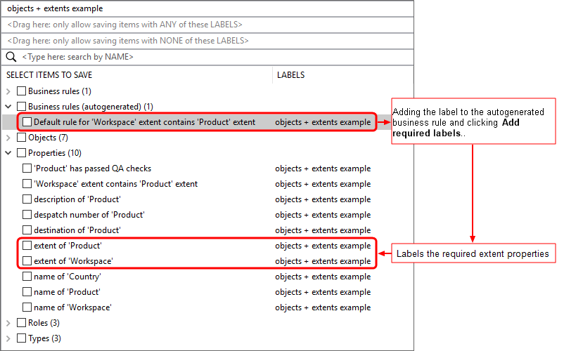 screen shot showing list of items for saving,including the autogenerated busines rule and the space properties