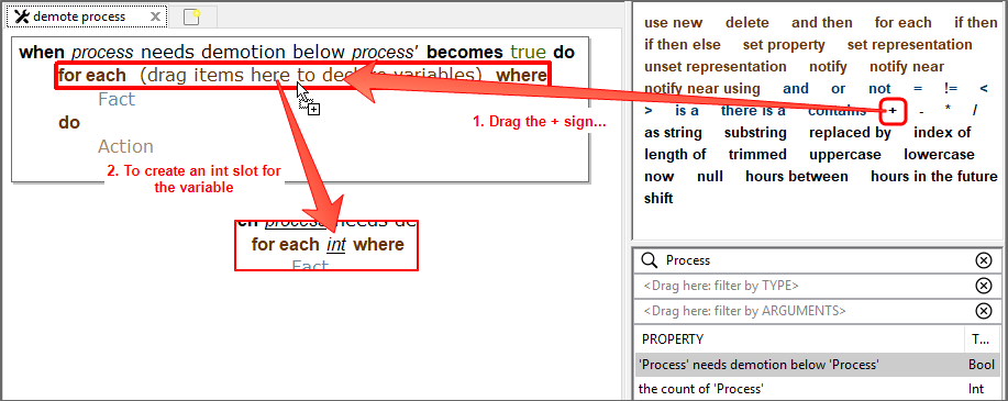 screen shot showing the + being dragged into the definition to add a variable