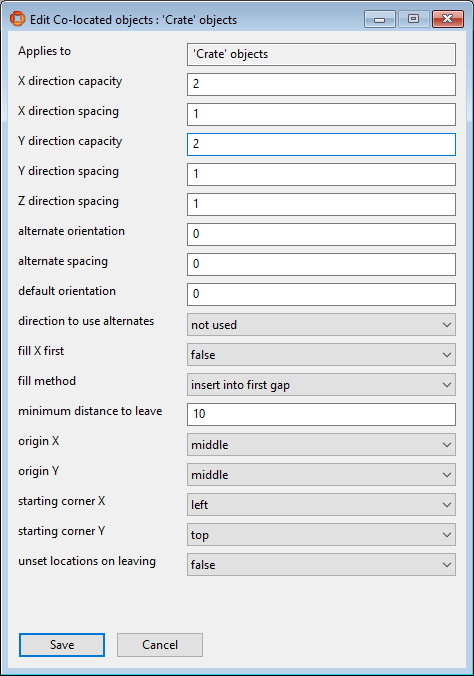 Example parameters for crate type in co-located objects parameters