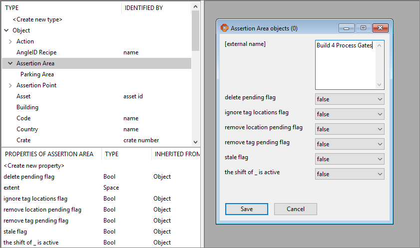 Screen shot of creating an assertion area object