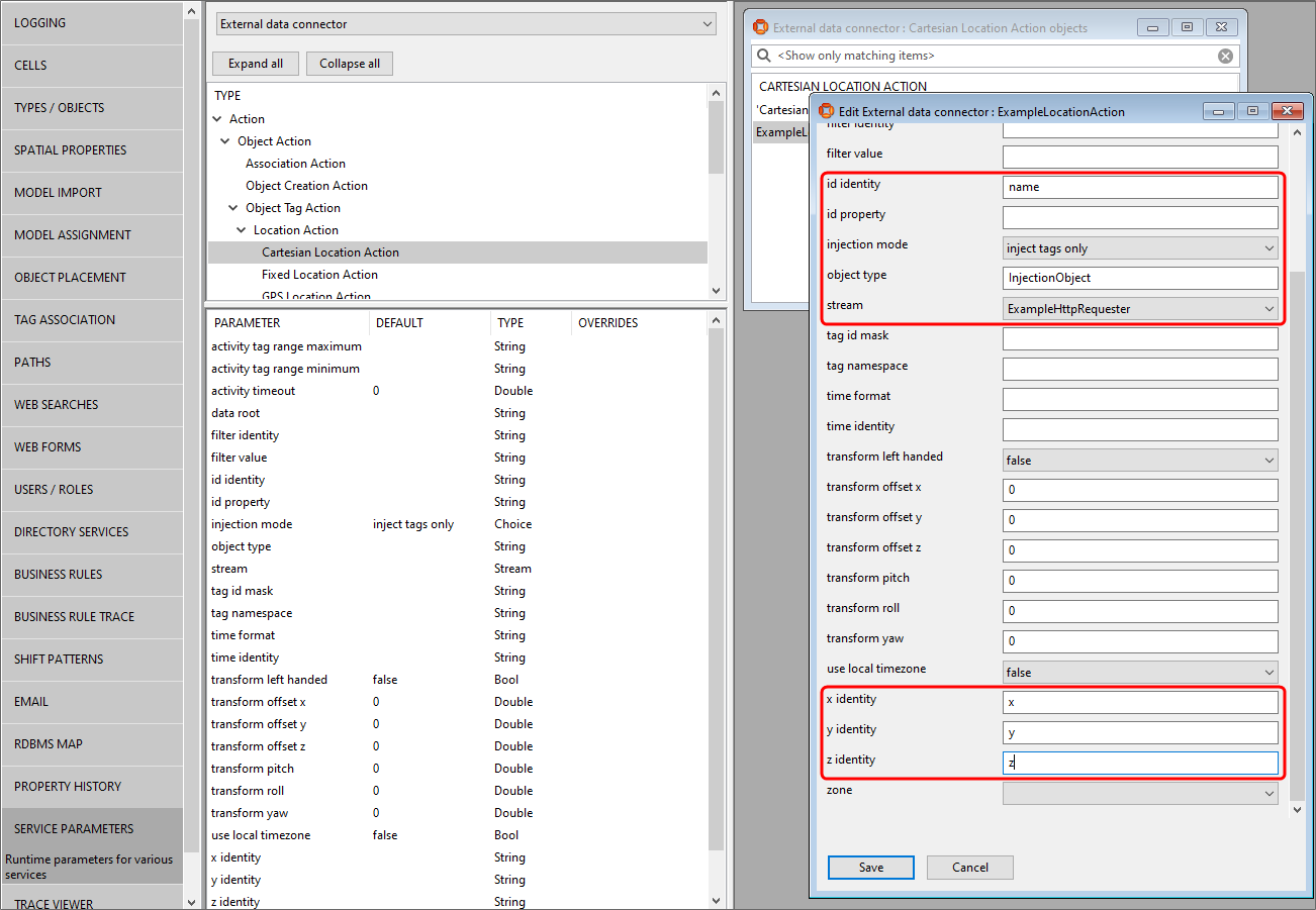 screen shot showing parameters for the example action