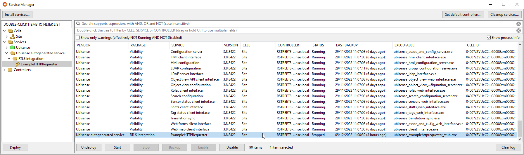 screen shot of the Service Manager app with the example stream ready to be started