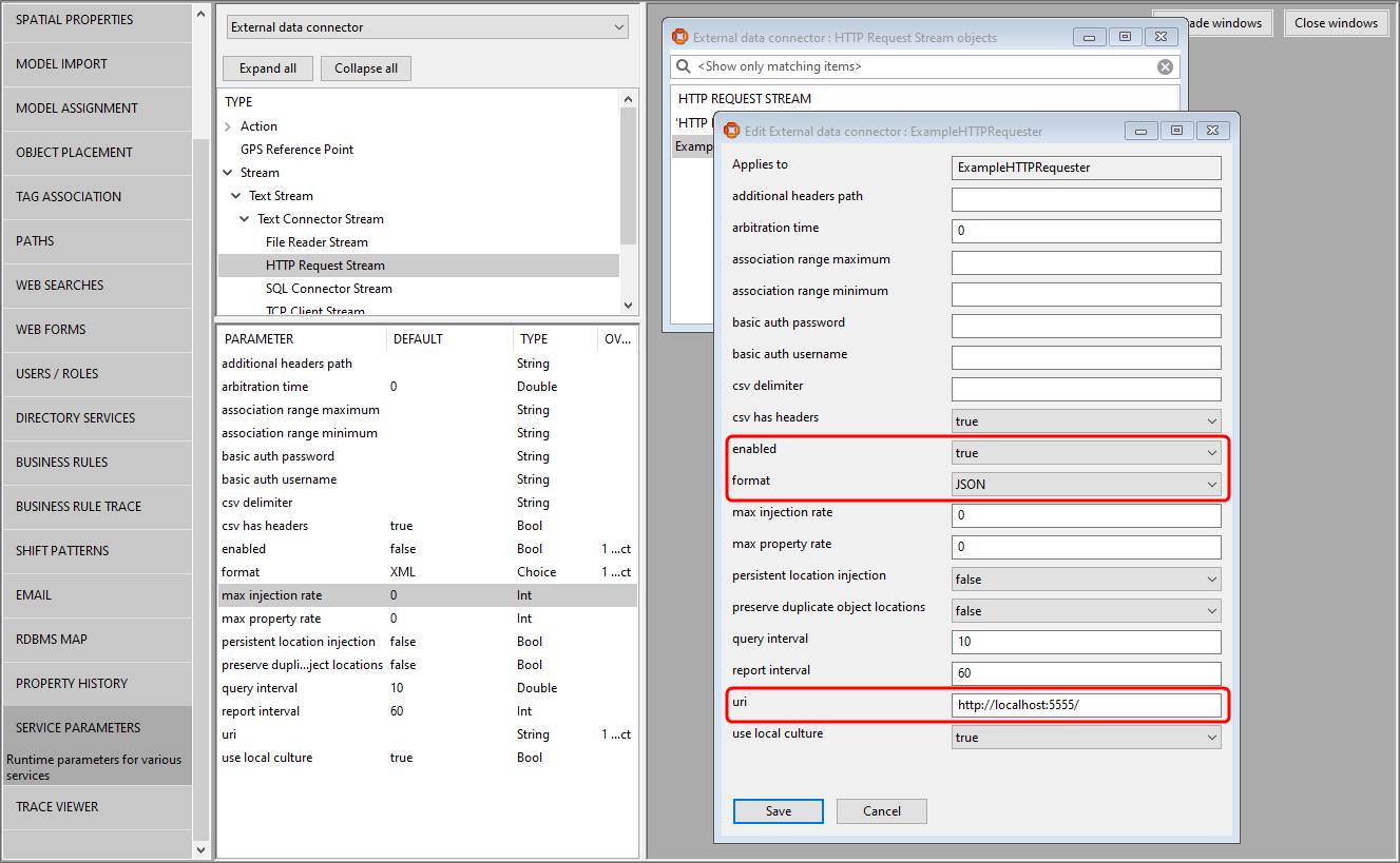 screen shot showing parameters for the example stream