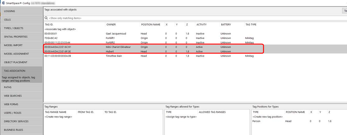 Tag Association task with two Quuppa tags associated with SmartSpace objects