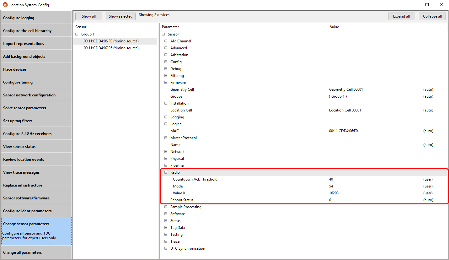 Screenshot of configuring sensors for grenade tag snapping