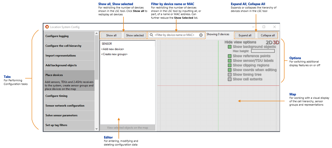 screenshot of LSC showing tabs listing ocnfiguration tasks on the left, an area for editing in the centre, a map with display options to the right, and additional options for selecting objects for display along the top