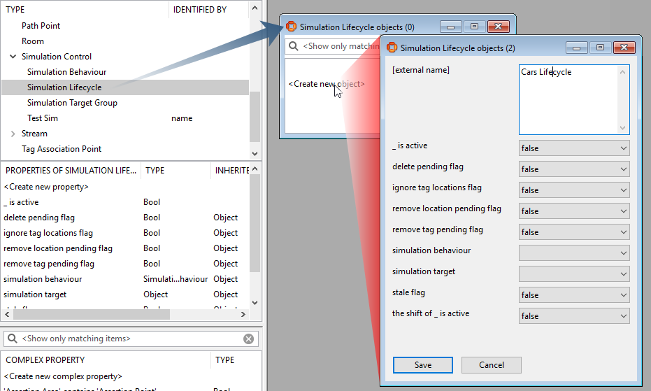 screen shot showing Simulation Lifecycle type being dragged into object browser and a new object being created
