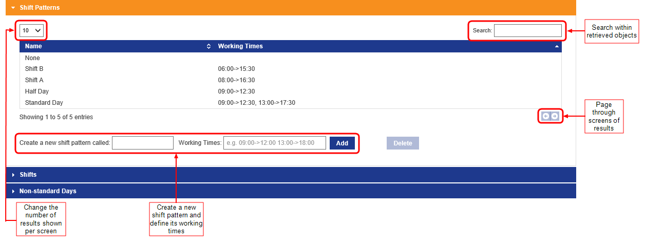 Screenshot of Shift Patterns panel in the Shifts screen of SmartSpace Web