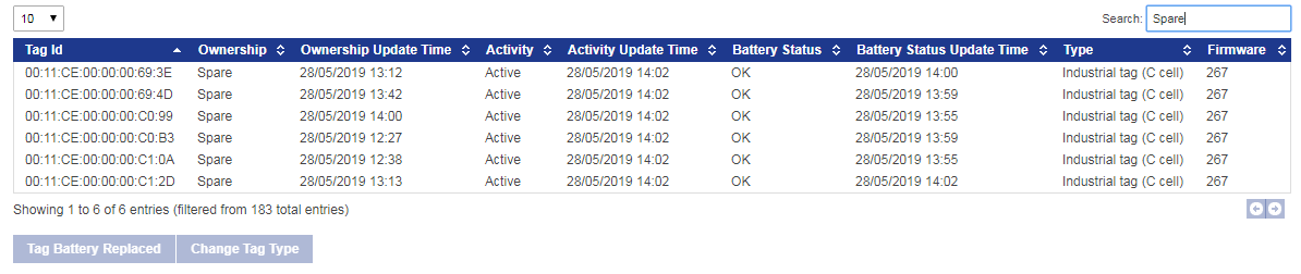example of a screen of tag details with a filter