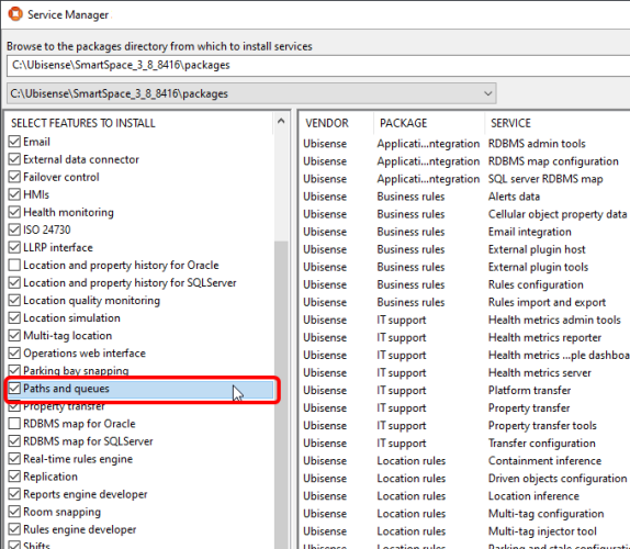 screen shot of Service Manager with the Paths and queues feature selected ready for installation