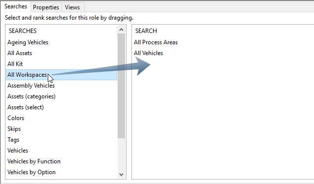 screen shot showing how to drag a search from the list of searches into the list of searches permitted for a role