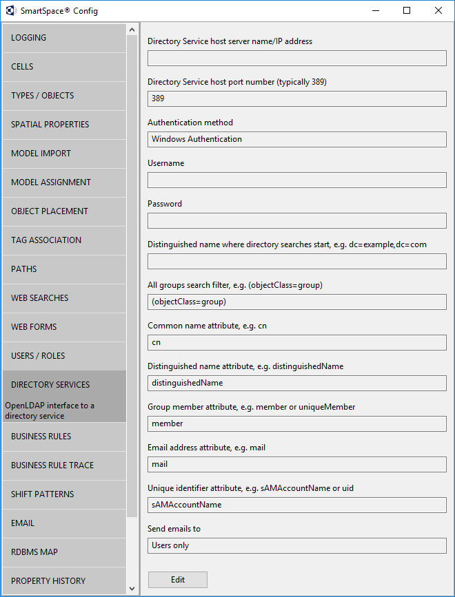 example of the DIRECTORY SERVICES screen in SmartSpace Config