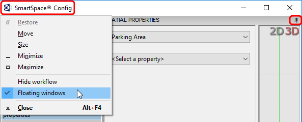 screen shot showing the window menu open and Floating windows selected and the pin icon on the right