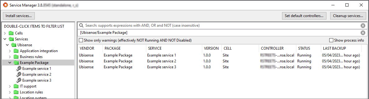 Service Manager showing three example services running