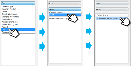 screen shot showing selection of type, space property, and then <Create new default space>