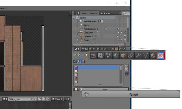 screen shot showing buttons to press to add a new material