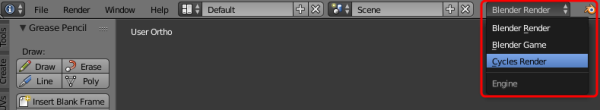 Screen shot showing dropdown menu of engine choices with Blender Render selected