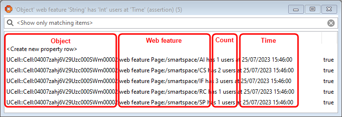 'Object' web feature 'String' has 'Int' users at 'Time' property rows