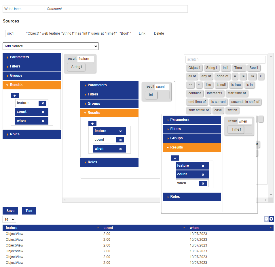 source and result expressions for user statistics in the Query editor