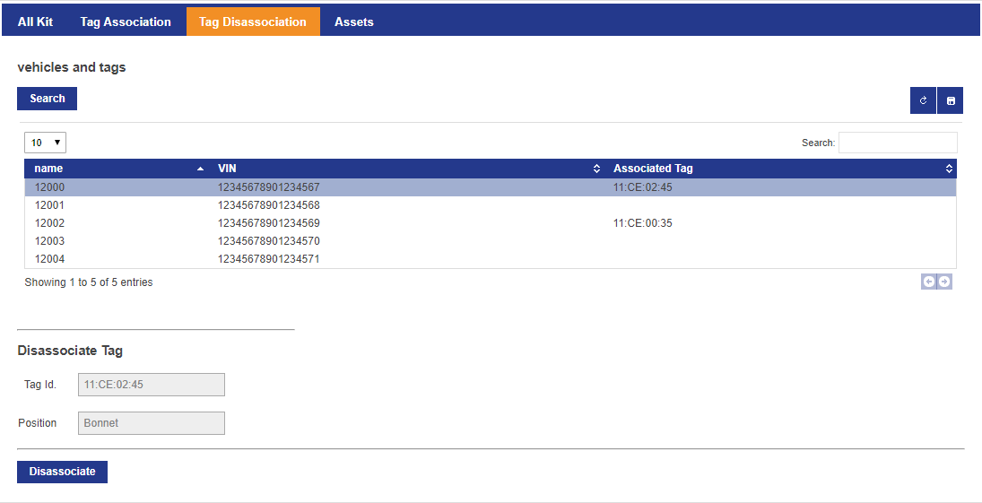 screen capture of Tag Disassociation form in SmartSpace web
