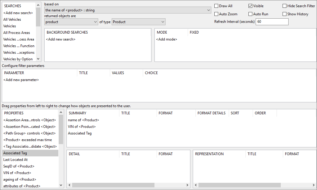 screen shot showing a search defined for a product including the Associated Tag property