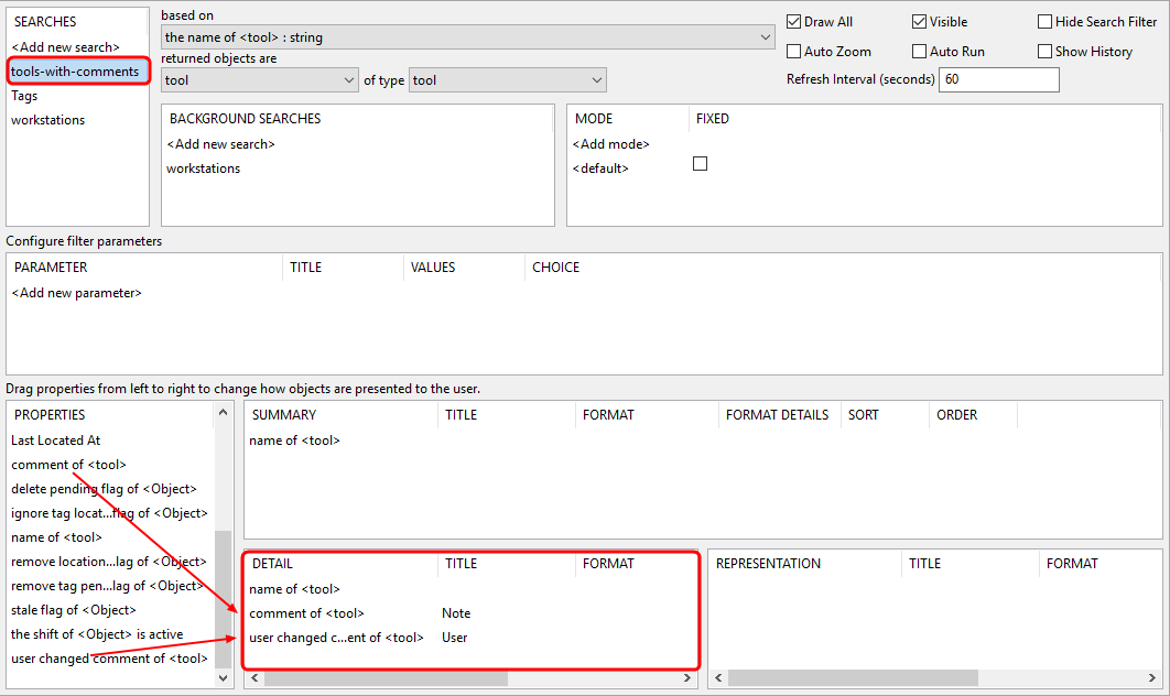 screen shot of the WEB SEARCH screen showing the search confguraion to locate tools and add comments