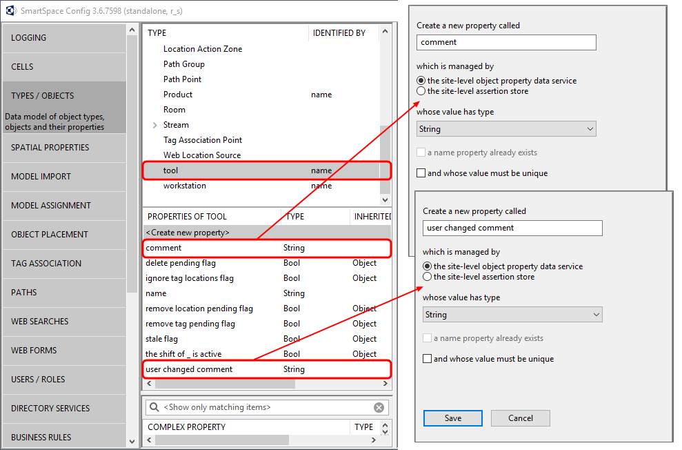 Screenshots showing the tool type and the two properties: comment and user changed comment