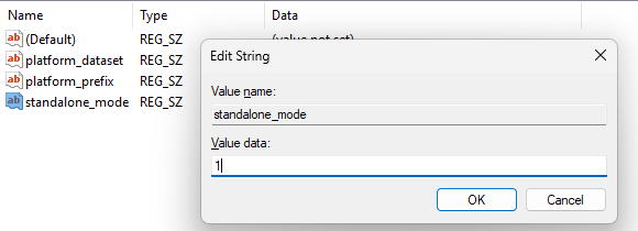 Registry Editor showing editing of the value of a configuration parameter