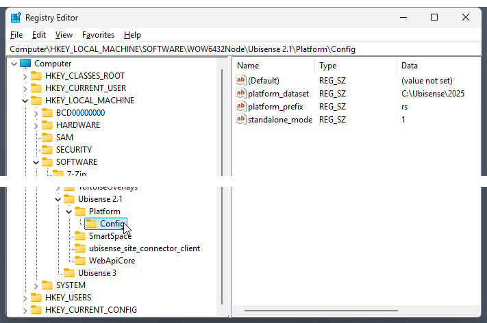 Registry Editor showing Ubisense local configuration parameters