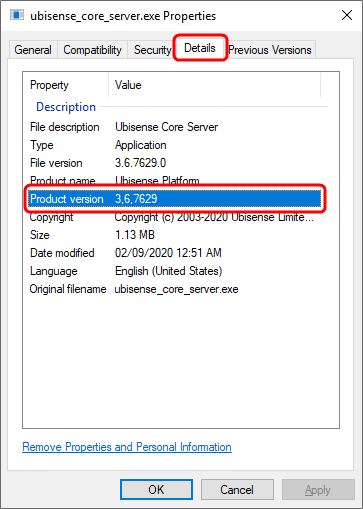 screen shot of the Details tab of the Properties dialog for ubisense_core_server.exe with the product version shown