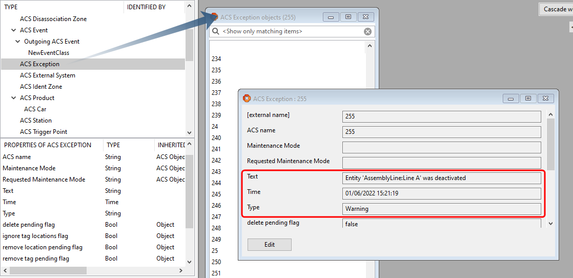 screen shot of an exception message in TYPES/ OBJECTS