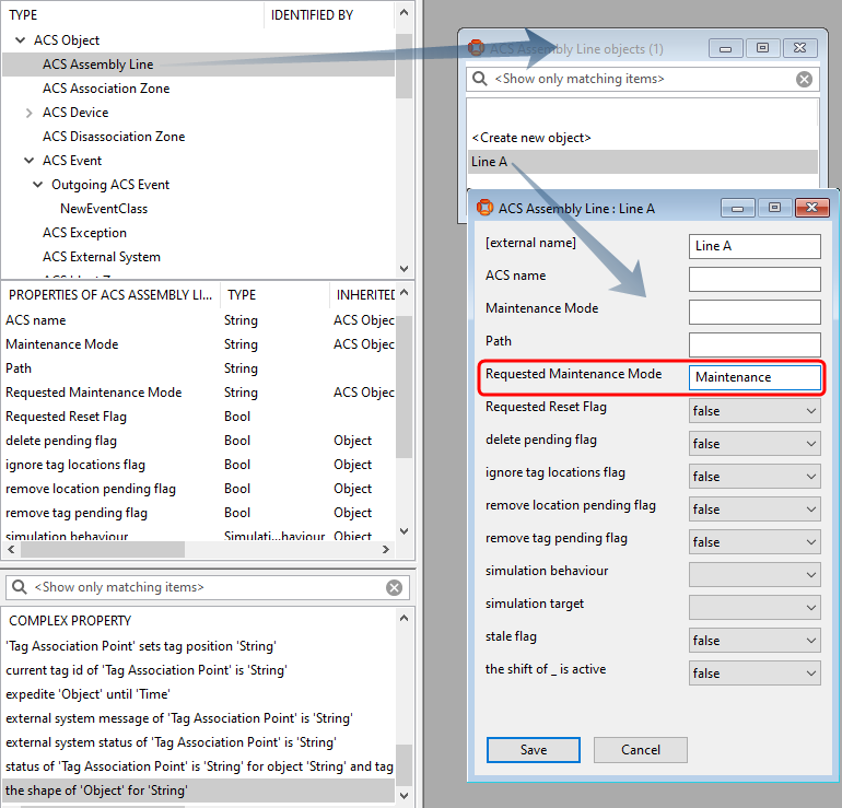 screen shot showing how to change the maintenance mode of an assembly line in SmartSpace