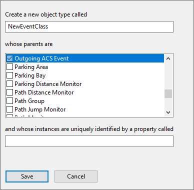screen shot of adding a new object type for SmartSpace events to trigger ACS telegrams