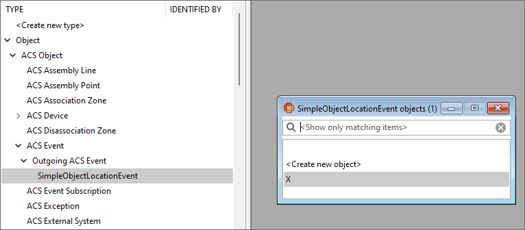 TYPES/OBJECTS workspace showing object X of SimpleObjectLocationEvent type