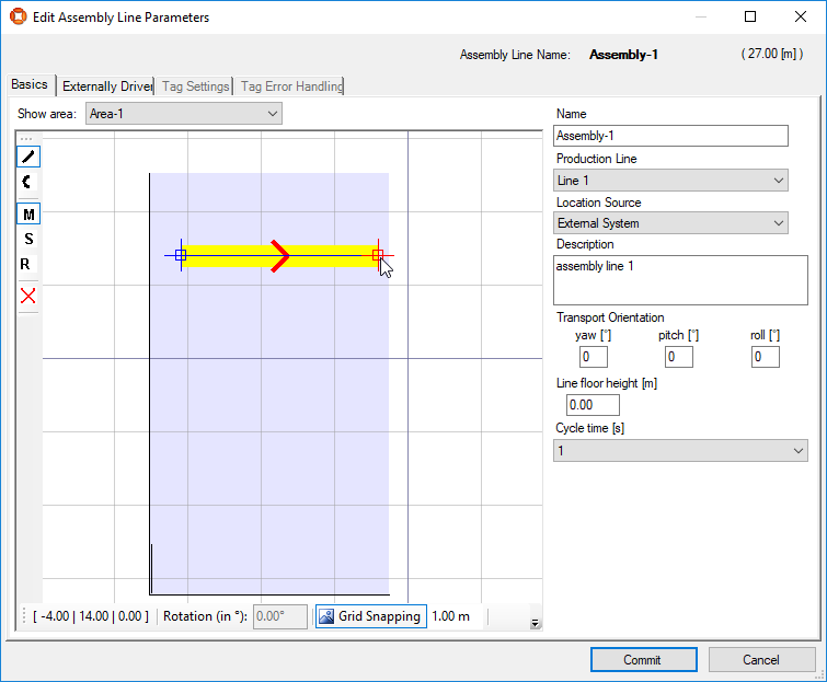 screen shot of Edit Assembly Line Parameters dialog with an imported area with walls